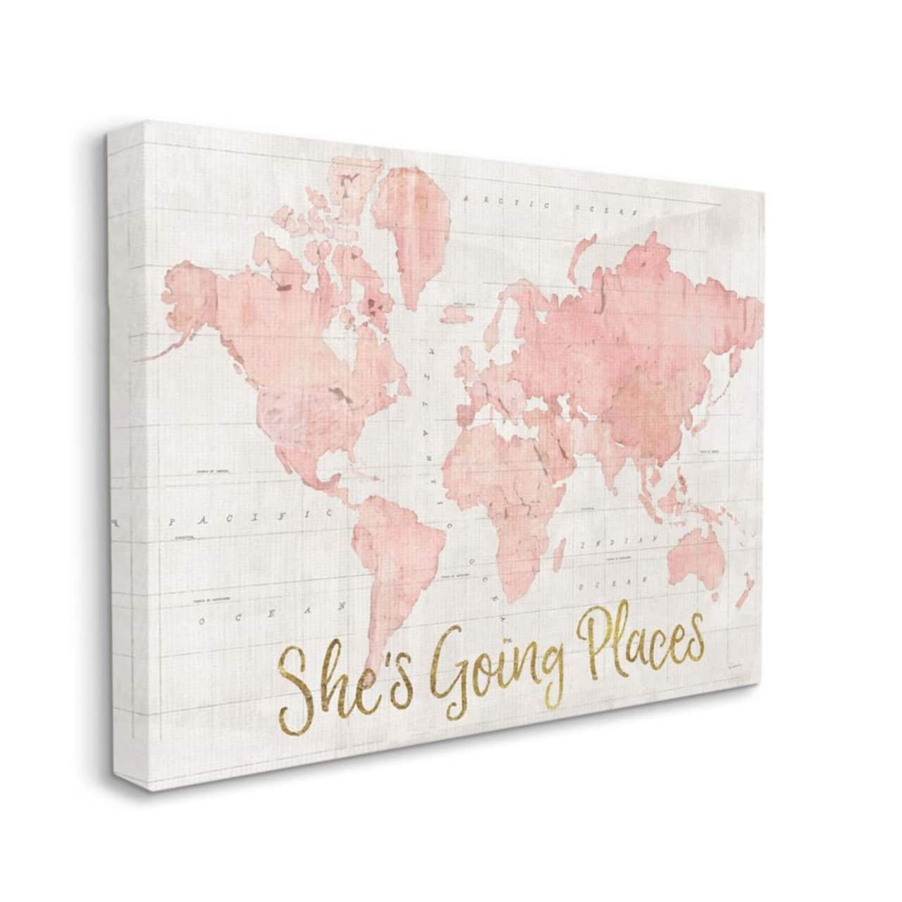 Stupell Industries She's Going Places Pink Watercolor World Map Canvas Wall Art